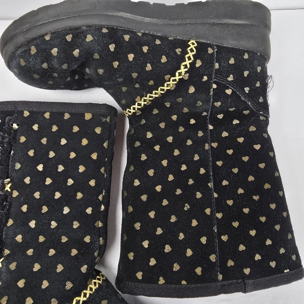 UGG I Heart Girls Black Suede Boots With Gold Hearts/Gold Rope Detail Size 3